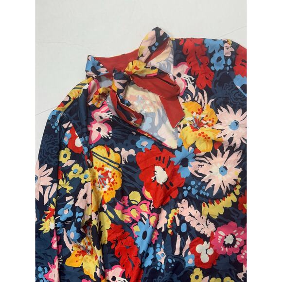 ModCloth Gleeful Again Tie Neck Blouse Womens Large Blue Floral Retro Office - Picture 3 of 11